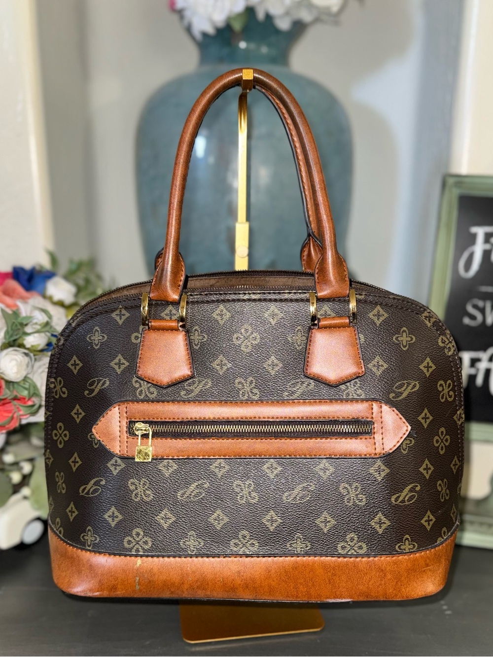 Diophy Monogram Dome Satchel Brown - GUC